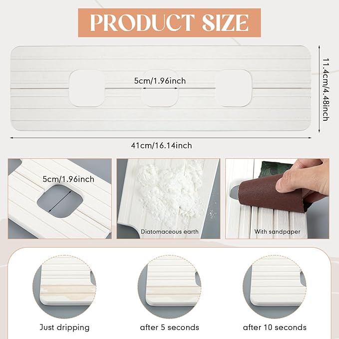 Teenyyou 3 Square Hole White Faucet Mat for Kitchen Sink 16.14" x 4.49" Kitchen Faucet Absorbent Mat Diatomite Splash Guard for Sink Quick Drying Stone Drip Catcher for Bathroom Counter
