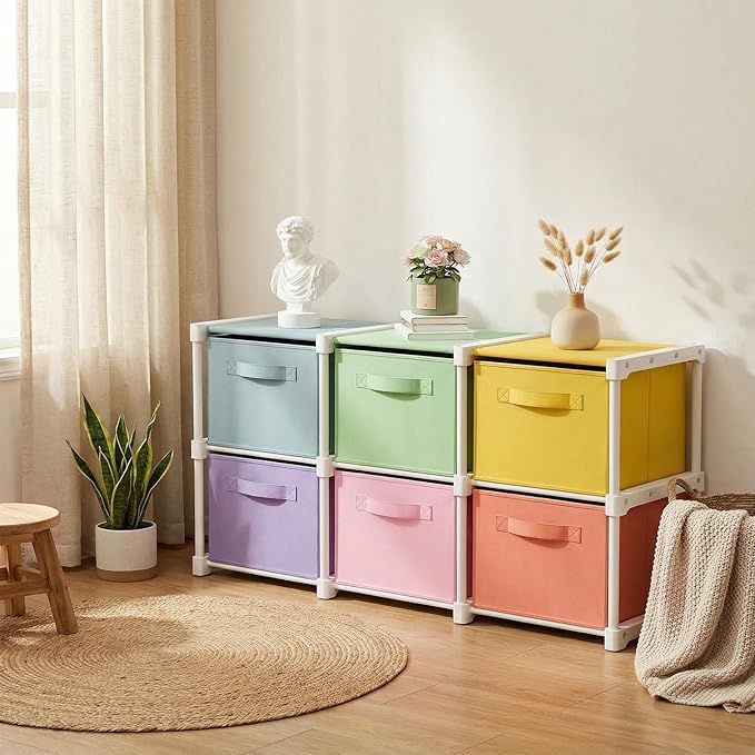 Thyle Large Cube Storage Organizer Shelf with 6 Bins 14 Inch Fabric Collapsible Cubby Storage Drawers Shelving Unit for Christmas Ornaments Clothes Toys Craft(Pastel,Colorful)