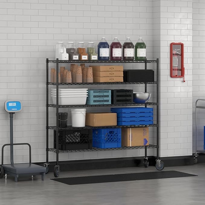 Commercial NSF Listed Black Epoxy Mobile Wire Shelving Kit 14" x 60" x 60", with 5 Shelves Perfect for Warehouse, Walk-in Refrigerator, Freezer, Grocery Store, Restaurant, Dishroom