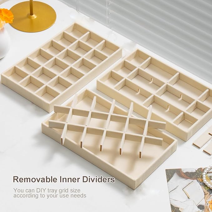 Jewelry Trays Organizer for Drawer, 9 Set of Small Jewelry Display Case Storage Velvet Stackable Drawer Inserts Organizer for Necklaces Bracelets Earrings Rings (Beige)
