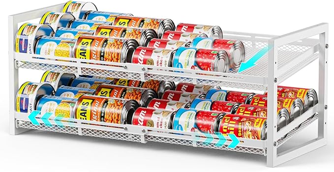 iSPECLE Extendable Can Organizer for Pantry, Adjustable Width Can Storage Organizer for 48 Cans, Heavy Duty Auto Rolling Dispenser Rack, Stackable Metal Holder for Soup Spices Snacks, White