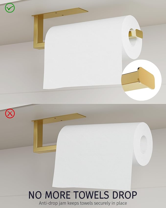 Paper Towel Holder, SUS304 Stainless Steel Under Cabinet Paper Towel Bar, Self Adhesive or Wall Mount, Paper Towel Roll Rack for Kitchen and Bathroom (Brushed Gold)