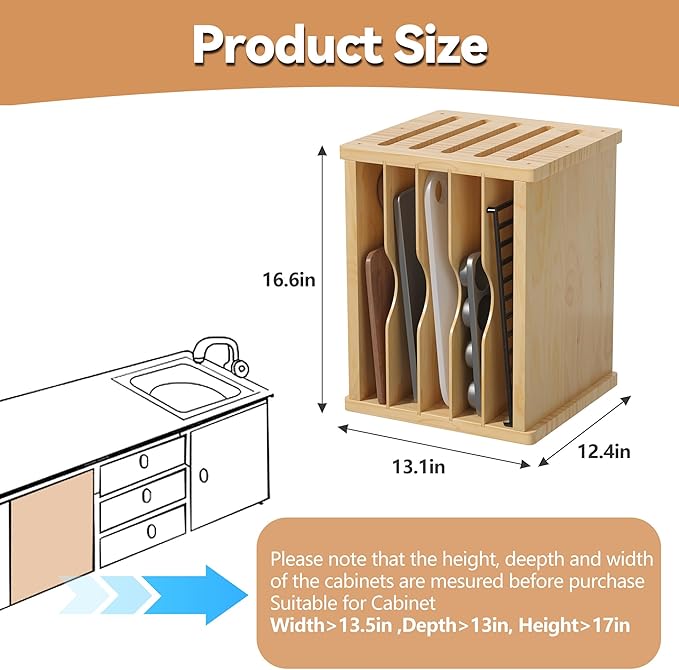 tonchean Wooden Cabinet Tray Dividers 6 Tier Baking Cookie Sheet Organizer Kitchen Vertical Tray Divider Organizer for Pots, Cutting Board, Pans, Kitchen Organizers and Storage