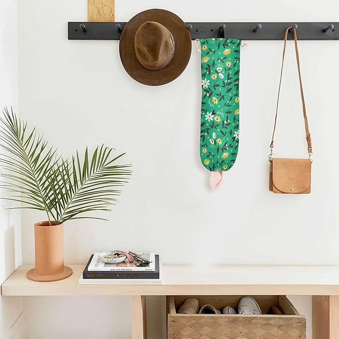 2 PCS Plastic Bag Holder - Wall Mount Grocery & Trash Bag Storage Organizer - 22 x 9 Inch - Small Flowers - Green