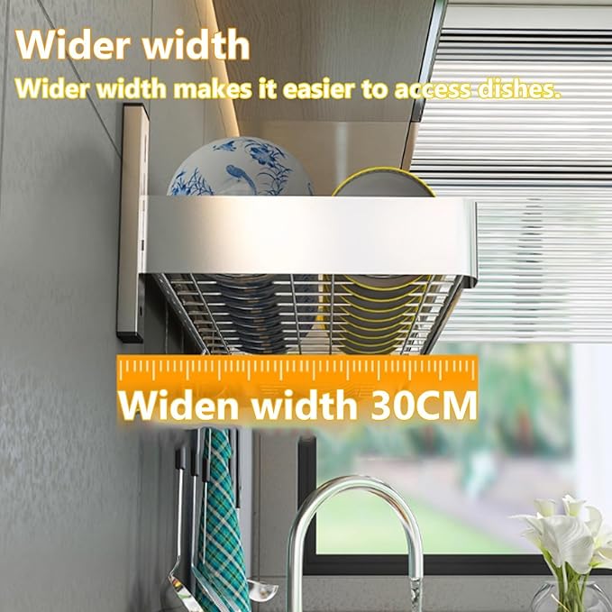 Wall Mounted Kitchen Dish Organizer Rack, 2 Tier Hanging Dish Drying Rack Over Sink, Adjustable Height Bowl Holder, Stainless Steel Storage Shelf for Kitchen Counter (80x30x50 cm / 31.5x11.8x19.7 in)