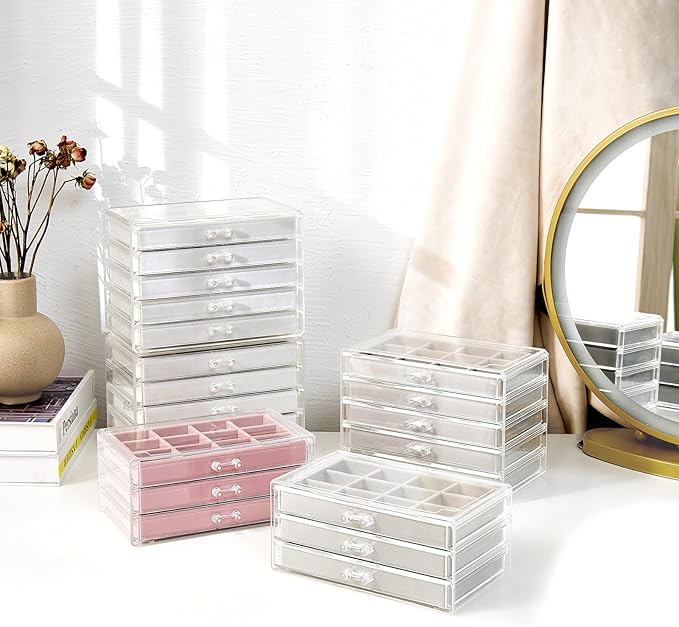 ProCase Earring Holder Organizer Jewelry Box with 5 Drawers, Acrylic Clear Earring Case with Adjustable Velvet Trays for Women - Pink, 5 Layers