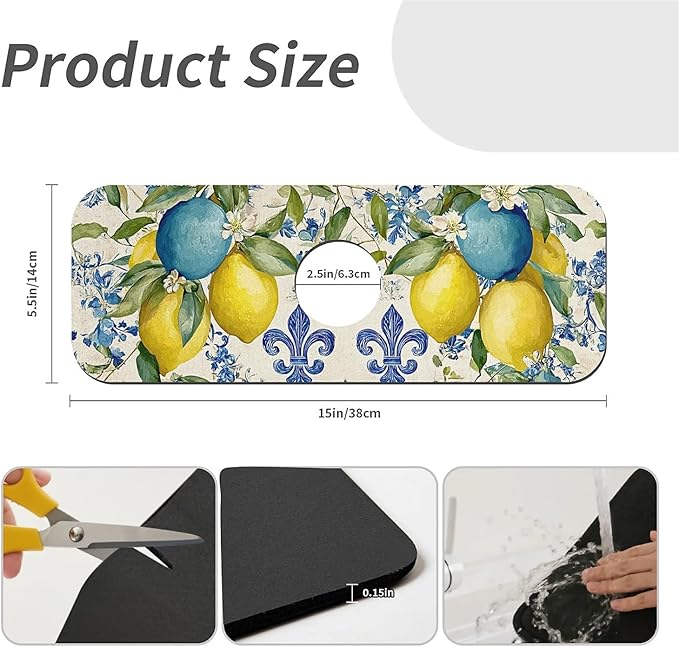 Kitchen Sink Splash Guard，Blue and yellow lemons Faucet Mat Sink Gadgets-Super Absorbent Fast Drying Mat Drip Catcher for Kitchen, Bathroom,Sink Mat, Dish Drying Mat, Bathroom(15" X 5.5" )