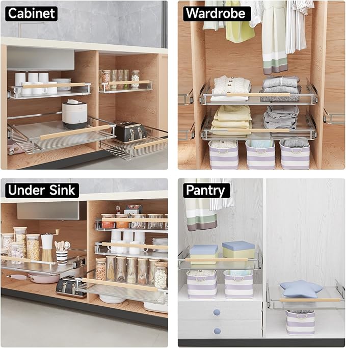 1Pack Expandable Pull Out Cabinet Organizer, Slide Out Drawers for Kitchen Cabinets, Heavy Duty Drawer Slides for Home Kitchen Pantry Cupboard Pots Pans, Adjustable Width 16.2"~26.2" W x 17.3''D