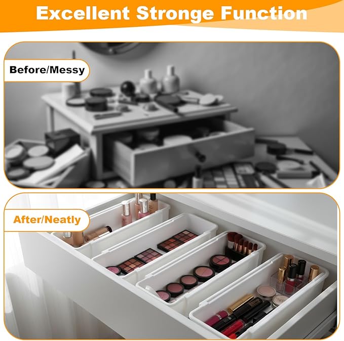 4pcs white drawer organizer Expandable drawer dividers vanity Drawers Storage Tray Expandable drawers organizer trays Dividers to Organize and Store for Bedroom, Bathroom, Kitchen Utensils