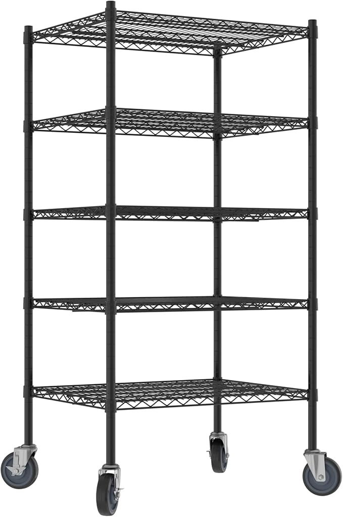 Commercial NSF Listed Black Epoxy Mobile Wire Shelving Kit 24" x 30" x 60", with 5 Shelves Perfect for Warehouse, Walk-in Refrigerator, Freezer, Grocery Store, Restaurant, Dishroom
