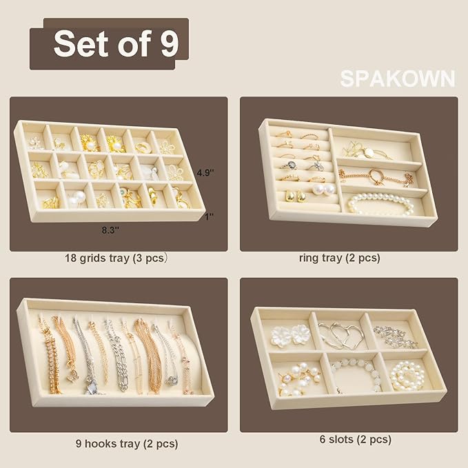 Jewelry Trays Organizer for Drawer, 9 Set of Small Jewelry Display Case Storage Velvet Stackable Drawer Inserts Organizer for Necklaces Bracelets Earrings Rings (Beige)