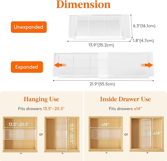 Lifewit Sliding Makeup Drawer Organizer, Fits 13-20" Deep Drawers, Extendable Hanging Divider, 1.8" High Plastic Tray for Vanity, Office, Kitchen, Translucent,1Pcs