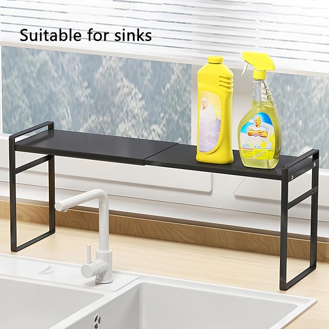 Expandable & Stackable Window Sill Narrow Shelf, 3.5" Wide, 13.8-23.6" Length, Kitchen Countertop Organizer, Over Sink Plant Rack, Storage Cabinet Shelf Riser, Black, 2pcs