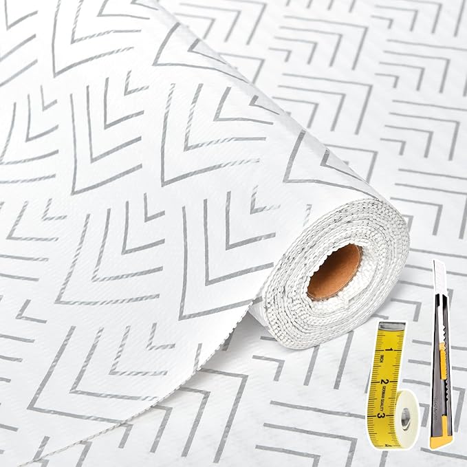 Shelf Liner for Kitchen Cabinets Non Adhesive Drawer Liner Non-Slip Thickened Shelf Liner Paper Strong Easy to Clean for Tool Box Refrigerator with Knife and Tape Measure,Silver Arrow,11.8 x 236.2 in