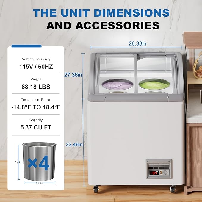21 in Commercial Ice Cream Freezer 5.5 Cu.Ft Display Case Commercial Freezer with 4 Tubs and 2 Sliding Glass Door for Shop