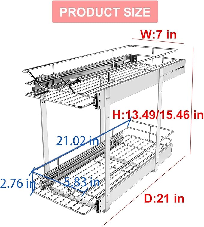 Pull Out Cabinet Organizer 7" W x 21" D 2-Tier Individual Slide Out Drawer Pantry Shelf Storage for Kitchen Base Cabinet Organization for Kitchen, Bathroom, Pantry, Chrome