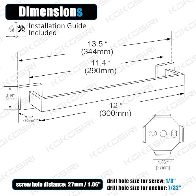KOKOSIRI 12-Inch Single Towel Bar, Bathroom Kitchen Towel Holder, Wall Mounted SUS304 Stainless Steel Towel Rack, Brushed Nickel, B4003BR-L12