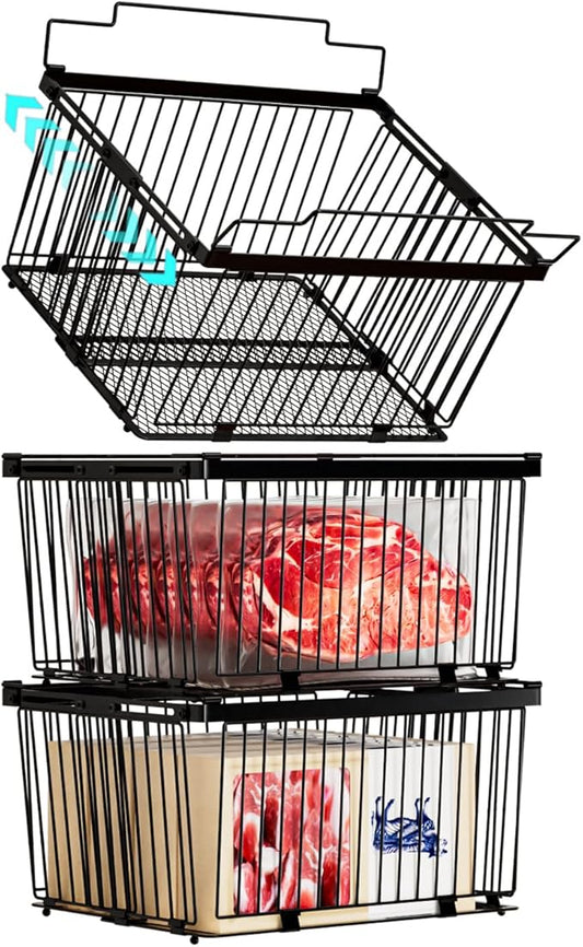 Large Freezer Organizer Bins，Upgraded Bottom Leak-Proof net，Fit 5 to 9 Cu Ft Chest Freezer，3 Pack， Expandable Stackable Chest Freezer Containers with Handle (Black-3Pack)