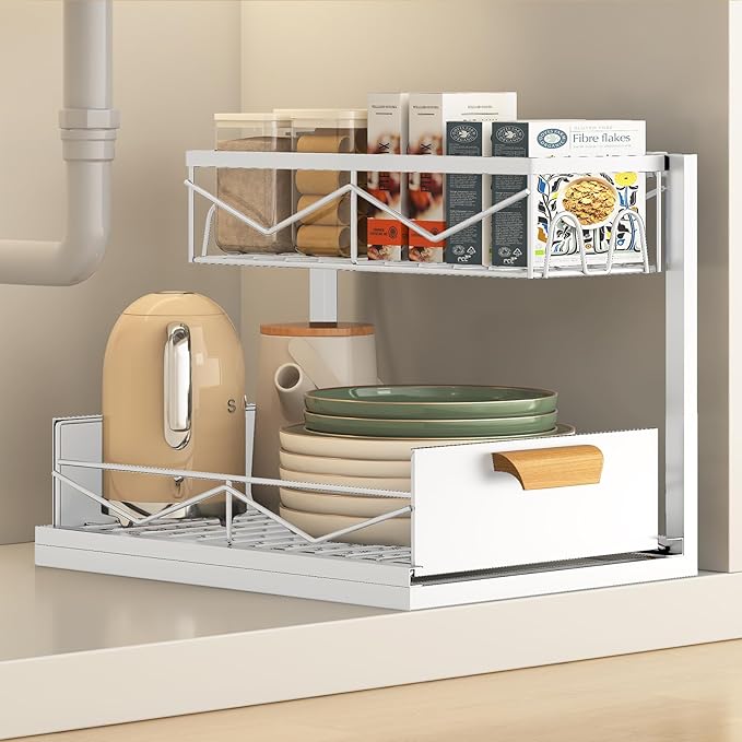 CHIKESI Under Sink Organizer - 2 Tier Pull Out Cabinet Organizer with Sliding Drawers, Adjustable Metal Storage Shelf for Kitchen & Bathroom, Space Saving Storage Solution (White, 1-Pack)