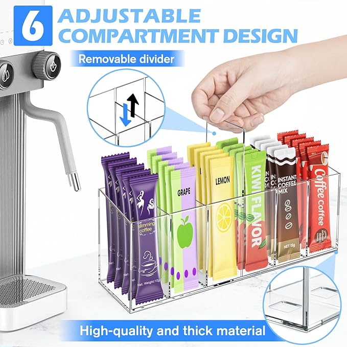 Drink Packet Organizer, Magnetic & Adhesive Water Packet Organizer with Removable Dividers & 6 Compartment for Kitchen Pantry Table Fridge Cabinet