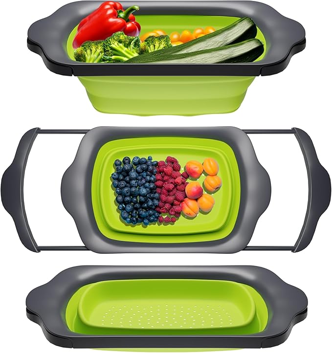 Comfify XL Large Kitchen Strainer - Collapsible Silicone Over-The-Sink Colander with Extendable Handles - Use with Pasta, Fruit, Berries & Veggie - 6 Quart - Green