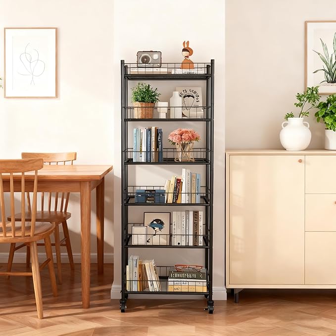 Utility Slim Storage Cart,6 Tier Narrow Kitchen Storage Cart,Laundry Room Carts,for Kitchen,DiningRoom,Living Room,Home Office,Rustic Brown and Classic (6 Tier Black)