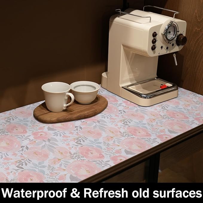 Amiitay Peony Shelf and Drawer Liner for Kitchen,Non-Adhesive and Strong Non-Slip Floral Cabinet Drawer Liners for Kitchen Shelf, Waterproof Cupboard Liners,Easy to Clean,12IN x 10FT