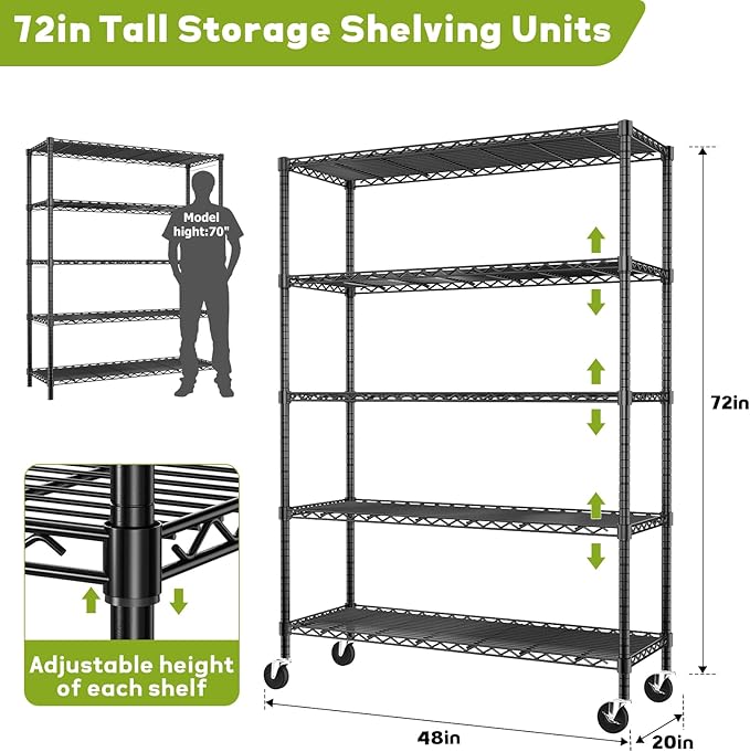 MODCART 48" W x 20" D x 72" H Wire Shelving Unit with Lockable Wheels, 5-Tier Heavy Duty Garage Shelves, 400 lbs Per Shelf Capacity, Industrial Storage Rack for Garage Pantry Kitchen