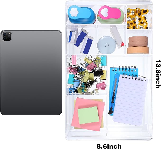 2Pcs 8-Section Clear Drawer Organizer, Large Acrylic Drawer Divider Tray for Desk,Bathroom,Office Makeup,Junk, Plastic Drawers Organizer 13.7" x 8.7" x 2"