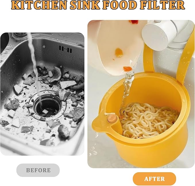 Sink Strainer Basket with One-Touch Drain Mesh, Snap-On Strap & Detachable Design – Kitchen Sink Food Scrap Filtering Storage Organizer (Yellow)