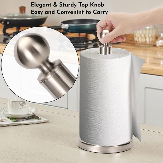 Paper Towel Holder Countertop, Standing Paper Towel Roll Holder for Kitchen Bathroom, with Weighted Base for One-Handed Operation (Stainless Steel Base, Brushed Nickel)