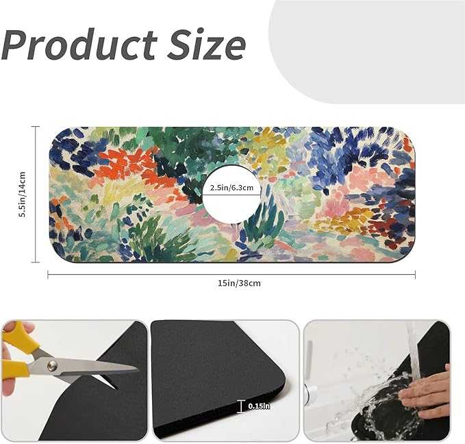 Kitchen Sink Splash Guard，abstract garden Faucet Mat Sink Gadgets-Super Absorbent Fast Drying Mat Drip Catcher for Kitchen, Bathroom,Sink Mat, Dish Drying Mat, Bathroom(15" X 5.5" )