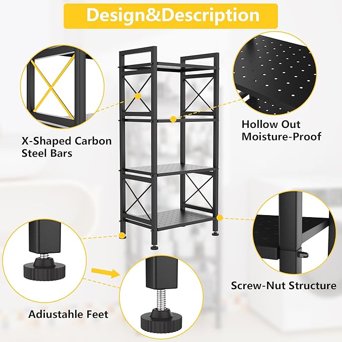 GIOTORENT 4-Tier Industrial Metal Bookcase, Narrow Bookshelf for Bedroom & Living Room - Tall Storage Shelf for Books Movies CDs, 16.8" W x 12.8" D x 41.7" H, Black