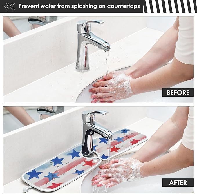 2 PCS Kitchen Sink Splash Guard 30 Inch Faucet Mat for Kitchen Sink Bathroom Sink Faucet Absorbing Drip Drain Mat Pad Microfiber Soft Washable White and Red Patriotic Striped Stars