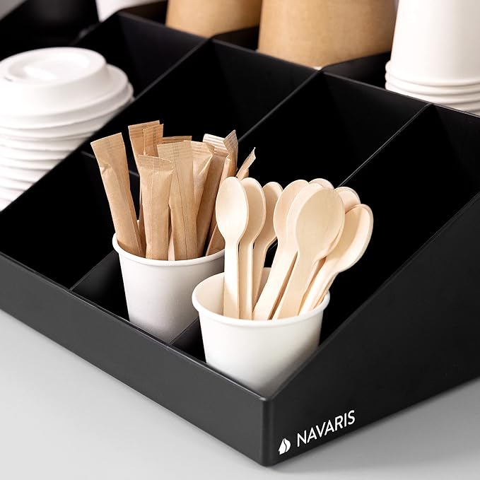 Navaris Coffee Station Organiser - 10 Compartment Coffee Bar Organiser for Office & Kitchen - Black