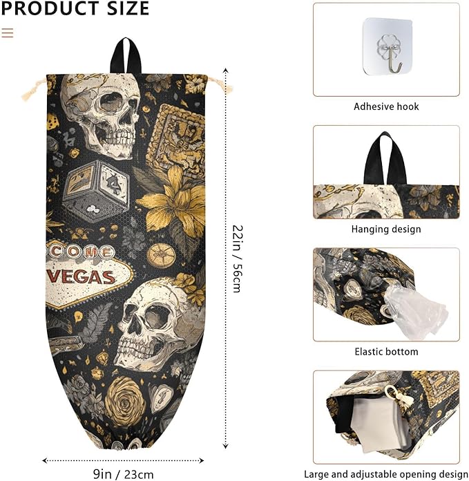 Plastic Bag Holder Wall Mount Grocery Bag Shopping Bag Storage Holder Organizer Dispenser with Adhesive Hook,for Kitchen Bathroom Home Decor 9x22 Inches Vintage Gold Pirate Skulls Flowers Dice15
