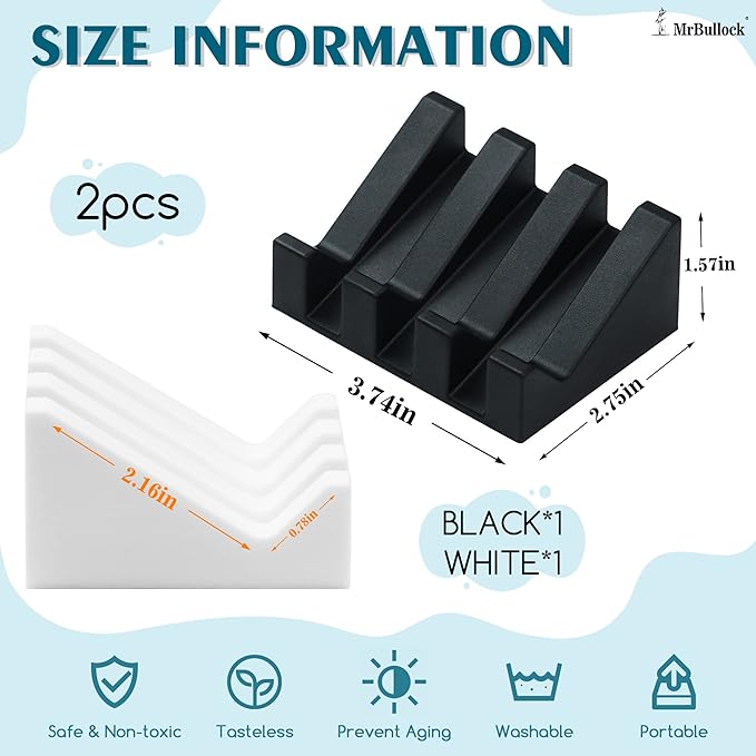 Silicone Soap Dish for Bar Soap Holder for Shower Bathroom Self Draining Waterfall Drying Tray Keep Soap Bars Dry Clean & Easy Cleaning (White+Black, 2)