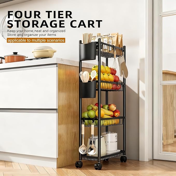 Slim Storage Cart with Wheels, 4 Tier Narrow Rolling Utility Carts, Skinny Metal Bathroom Organizer, Thin Mobile Shelf Unit for Bathroom Kitchen Laundry Room Office Small Spaces, Black