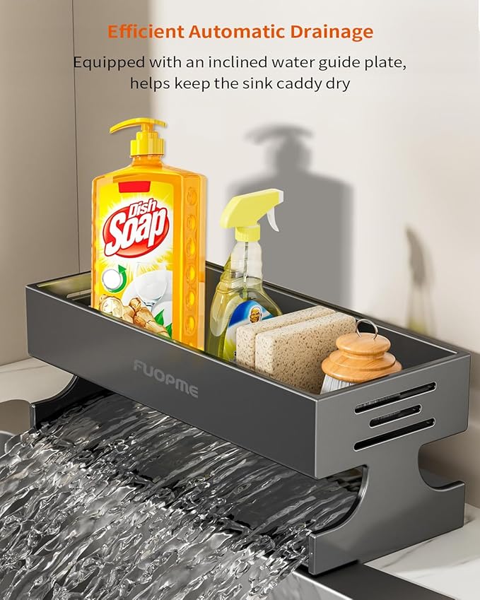 Sponge Holder for Kitchen Sink - Rustproof Carbon Steel Sink Caddy Organizer with Auto-Drain, Dish Sponge & Soap Dispenser Rack for Kitchen Countertop Storage, Grey