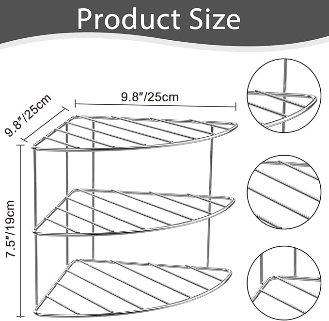 3-Tier Kitchen Details Corner Shelf Organizer | Cabinet & Countertop Storage | Plates | Cups | Bowls (2, Chrome)