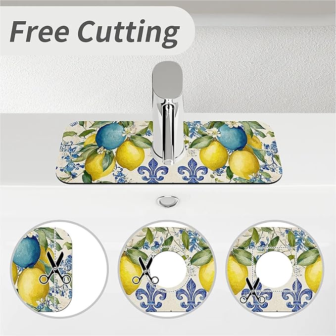 Kitchen Sink Splash Guard，Blue and yellow lemons Faucet Mat Sink Gadgets-Super Absorbent Fast Drying Mat Drip Catcher for Kitchen, Bathroom,Sink Mat, Dish Drying Mat, Bathroom(15" X 5.5" )