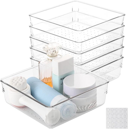 Ohlove 6 Pcs Large Clear Plastic Drawer Organizers Tray 6" x 6" Storage Bins with 25 Pcs Non-Slip Pads for Makeup, Jewelries, Kitchen Utensils, Bathroom and Office