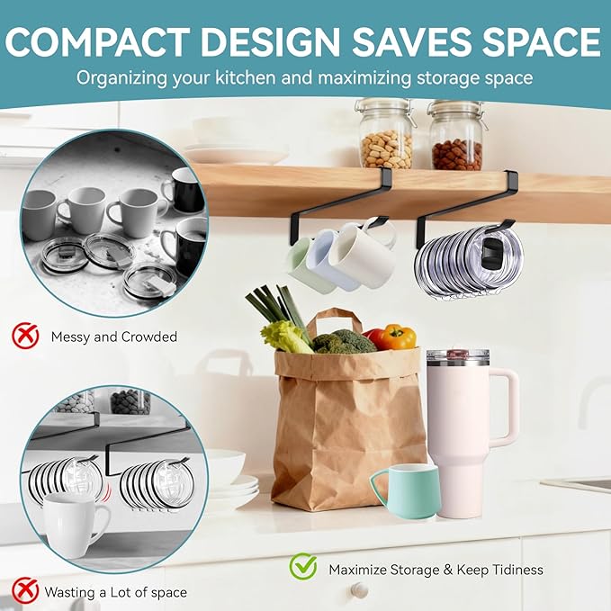 Coffee Mug Holder, 2 Pack Tumbler Lid Organizer for Yeti Lids Holder, Mug Hanger Under Cabinets,Space Saving Cup/Mug Rack Holds Up to 12 Lids,Water Bottle Lid Organizer for Kitchen Storage