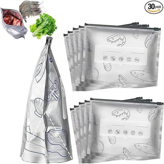 Reusable Aluminum Foil Sealable Storage Bags, 2026 New Resealable Vacuum Zipper Pouches for Food, Stand Up Foil Sealable Bags with Label and Zip Lock for Vegetable Fruit Meat (30PCS, Medium)