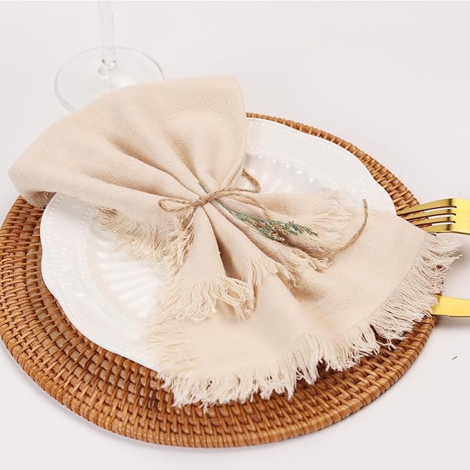 Handmade Cloth Napkins with Fringe,18 x 18 Inches Cotton Linen Napkins Set of 12 Versatile Handmade Square Rustic Fringe Napkins for Dinner, Wedding and Parties, Cream