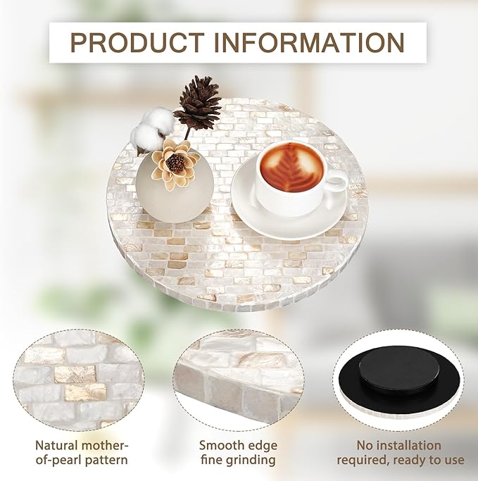 Mother of Pearl Lazy Susan for Table Turntable Organizer Wood Round Spinning Tray Rotating for Kitchen Cabinet Counter Spice Pantry 12 Inch (Marble Pattern)
