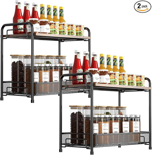 2 Pack Spice Rack Organizer for Countertop with Wood Top, 2-Tier Foldable Metal Rust-Proof Standing Large Seasoning Storage Shelf with Guardrail & Mesh Design for Kitchen Living Room, Black