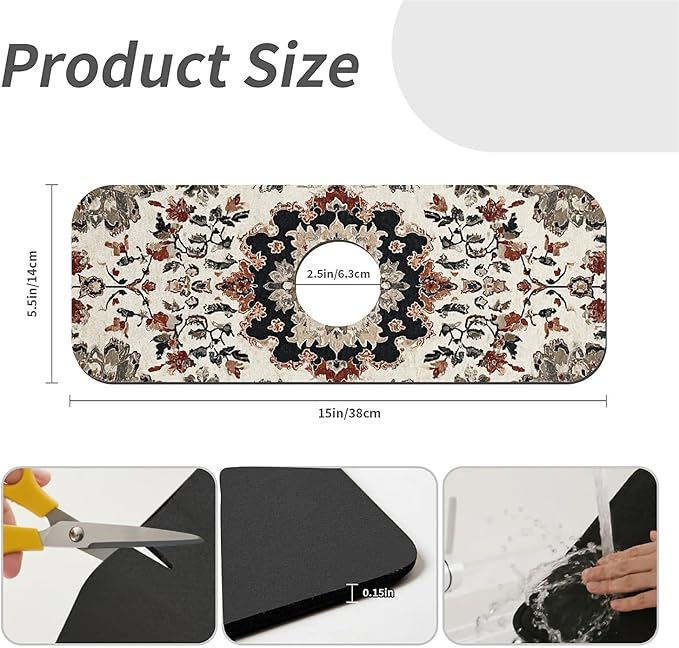 Kitchen Sink Splash Guard，Intricate Persian floral Faucet Mat Sink Gadgets-Super Absorbent Fast Drying Mat Drip Catcher for Kitchen, Bathroom,Sink Mat, Dish Drying Mat, Bathroom(15" X 5.5" )