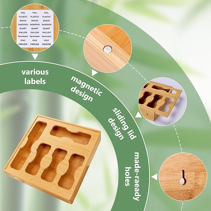 Comfoyar 5 In 1 Bamboo Storage Bag Organizer with Slider for Kitchen, Baggie Storage Organizer for Drawer or Wall Mount, Compatible with Gallon, Quart Sandwich Snack Size Bags, Variety Plastic Baggies