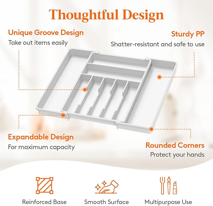 Lifewit Silverware Drawer Organizer, Expandable BPA Free Plastic Utensil Tray for Kitchen, Adjustable Flatware Cutlery Holder for Spoons Forks Knives, 13-22.3 x 16.7", White